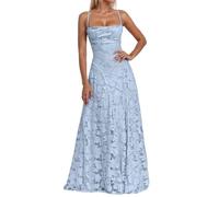 Vestido de noche largo con tirantes delgados florales para mujer, vestido de dama de honor formal, línea A, vestido de baile, espalda descubierta, elegante, vestido de fiesta, azul, L