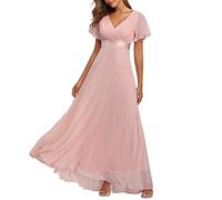 Vestido de noche para mujer, con cinturón, manga corta, cuello en V, de gasa, elegante, vestido de dama de honor, largo, de línea A, vestido de cóctel, vestido de fiesta con cinturón, corte ajustado,