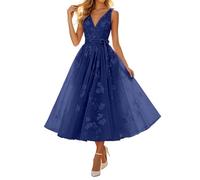 Vestido de noche para mujer, cuello en V, sin mangas, de tul con bordado floral, cinturón de atar, corte acampanado, estilo Pin-Up Audrey Hepburn, para boda, dama de honor y cócteles, azul marino, XL