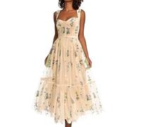 Vestido de noche para mujer de gran tamaño, vestidos de mujer largo maxi floral sin mangas de malla estilo bohemio ideal para fiestas, playa y verano elegante con tirantes, amarillo, XXL