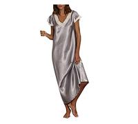 Vestido de noche para mujer, manga corta, de encaje, camisón de satén, largo, tallas grandes, vestido de dormir, elegante, cuello de pico, camisón cómodo, suave, monocolor, camisón de noche, ropa de