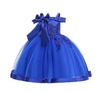 Vestido de noche sin hombros con lazo para niñas pequeñas, vestido de princesa de gala para fiestas de cumpleaños y actuaciones en el escenario, azul, 3-4 años