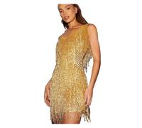 Vestido de Noche sin Mangas con Lentejuelas y Flecos Brillo Brillante(Gold,S)
