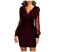 Vestido de Nochevieja para mujer corto, vestido de lentejuelas mujer de manga larga, vestido de lentejuelas negro corto con lentejuelas con malla vestido festivo vintage vestido de fiesta de cuello en