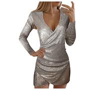 Vestido de Nochevieja para mujer, parte superior metálica, vestido de lentejuelas, largo hasta la rodilla, corto, con purpurina, manga larga, cuello en V, brillante, sexy, vestido de cóctel, bodycon