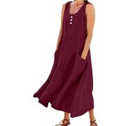 Vestido de novia con cuello redondo y bolsillos laterales, vestido largo casual para uso diario, Vino, M