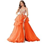 Vestido de Novia con Tirantes Finos y Apliques de Encaje Vestido de Fiesta con Volantes de Tul Vestidos de Noche Formales con Escote en V y Abertura Orange L