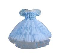 Vestido de novia de encaje de pétalos de flores de princesa para niñas pequeñas, traje de tren solemne elegante tul falda fiesta, azul celeste, 12-13 años