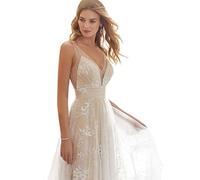 Vestido de Novia de Encaje Sin Mangas Sin Espalda, Vestido de Cóctel de Noche de Fiesta de Dama de Honor de Gasa, Vestidos de Boda de Línea A Vintage de Playa,White,M