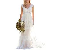 Vestido de Novia de Estilo Bohemio con Cuello V Hueco Y Vestido de Encaje Largo, WYFDMNN, Blanco, 38