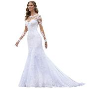Vestido de Novia de Manga Larga con Cuello en V Elegante Vestido de Novia de Encaje de Tul White 32