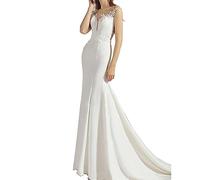 Vestido de Novia de Playa de Sirena Vestidos de Noche de Dama de Honor con Apliques de Tul Vestidos de Novia de Graduación con Cuello en V Vestidos con Tren Largo,White,M