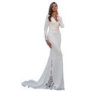 Vestido de Novia de Sirena, Vestido de Novia de Manga Larga con Aplicación de Encaje, WZEFEIO, Blanco, 10