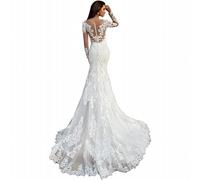 Vestido de Novia Francés Vestido de Novia de Manga Larga Perspectiva Cuello Redondo Y Cola de Arrastre, GeRRiT, Blanco, 34