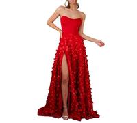 Vestido de Novia Largo para Mujer A-línea Escote en V sin Mangas con Encaje Gasa Vestido de Fiesta Sin Mangas Escote en V Corte Imperio Elegant Alta Baja Mujer(Rojo，S)