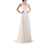 Vestido de Novia Mujer Gran Cuello Redondo Vestido de Encaje sin Mangas Vestido de Medio Cuerpo Vestido Clásico Vestido de Novia de Chifón Vestido de Noche de Novia, LNNLSS, Blanco, US12