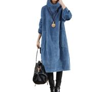 Vestido de pana para mujer, de forro polar, grueso, manga larga, cuello de tortuga, cálido, talla grande, vestido largo con bolsillos, azul, L
