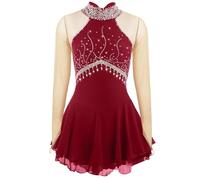 Vestido De Patinaje ArtíStico Vestido De Las Mujeres De Las Muchachas Rojas De Los Altos Elasticidad Profesional Competencia De Patinaje Falda Larga De La Manga Del Rhinestone(4XL)