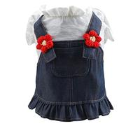 Vestido de perro con flores de ganchillo con diseño de vaqueros, flores rojas, vestidos para mascotas, vestido de disfraz para cachorros, ropa para perros grandes y niños