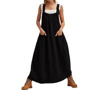 Vestido de peto largo para mujer, vestido informal con bolsillos, vestido de verano ajustable, sin mangas, falda peto, cuello cuadrado, vestido maxi, informal, monocolor, elegante, Negro , L