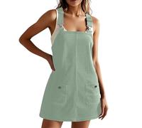 Vestido de peto para mujer, corto, de pana, con botones, línea A, vestido vintage, vestido informal, sexy, minivestido con bolsillos, vestido de pana y tallas grandes, tirantes, O Verde, S