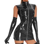 Vestido de piel de charol para mujer, sexy, con cremallera, minivestido de aspecto húmedo, sin mangas, realza la figura, camisón de poliuretano y látex, ropa interior para fiestas, bodycon corto