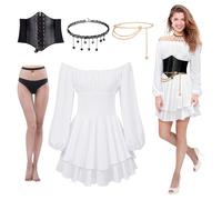 Vestido de Pirata, Disfraz de Pirata Mujer, Costume Victoriano Renacentista Medievales con Vestido Blanco con Volantes, Cinturones, Cadenas de Cintura, Collares y Medias para Carnaval Halloween