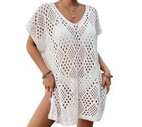 Vestido de Playa de Crochet con Escote en V Calado para Mujer - Poncho de Bikini Informal Holgado para La Playa Vestido de Protección Solar Blanco Talla Única