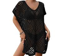 Vestido de Playa de Crochet con Escote en V Calado para Mujer - Poncho de Bikini Informal Holgado para La Playa Vestido de Protección Solar Negro Talla Única