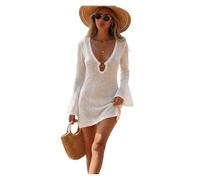 Vestido de Playa de Ganchillo Vestido de Playa con Cuello en V, Manga Larga, Malla Ganchillo, Vestido Acampanado, Traje baño Verano, Cubierta Bikini, Ropa for Mujer, Vacaciones