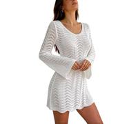 Vestido de Playa de Manga Larga con Escote en V y Espalda Descubierta, diseño de Lazo Ajustable y Pareo de Punto Ligero, Ideal para Mujer en Verano y Vacaciones en la Costa (White, XL)