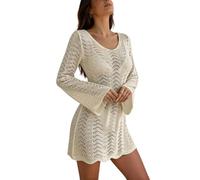 Vestido de Playa de Manga Larga con Escote en V y Espalda Descubierta, diseño de Lazo Ajustable y Pareo de Punto Ligero, Ideal para Mujer en Verano y Vacaciones en la Costa (Beige, S)