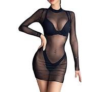 Vestido de Playa Mujer Sexy Ropa de Baño con Encaje Malla Transparente Pareos y Camisola Traje de Baño Bikini Cover Up Negro Camisón de Cortas con Mangas Largas para Club Nocturno