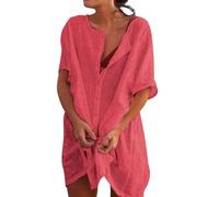 Vestido de Playa Mujer Verano Transpirables Algodón y Lino Suelta de Bikini Cover up Casual Color Sólido Ropa de Playa con Boton Suelto Trajes de Baño para Mujer