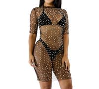 Vestido De Playa Mujer,Vestido de Malla con de imitación para Mujer Vestido Largo Negro con de imitación Traje de baño Transparente de Rejilla Bikini de Negro