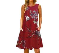 Vestido de playa para mujer, ligero y aireado, vestido de verano, largo hasta la rodilla, estampado floral, cuello redondo, vestido de blusa, con tirantes anchos, sin mangas, vestido de playa, vestido