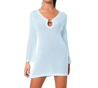 Vestido de playa para mujer, verano para playa, vestidos de ganchillo, traje de baño, traje de baño, punto de manga larga, suéter semitransparente, vestido erótico para mujer, moda de playa, azul, L