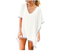Vestido de playa para niña, con borlas, vestido de playa, vestido de playa, corto, bohemio, cuello en V, con flecos, poncho de playa, verano, bikini, túnica de playa, túnica de playa, Blanco, S