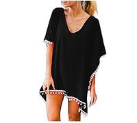 Vestido de playa para niña, con borlas, vestido de playa, vestido de playa, corto, bohemio, cuello en V, con flecos, poncho de playa, verano, bikini, túnica de playa, túnica de playa, Negro , XXL