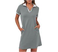 Vestido de polo para mujer, de verano, con solapa, hasta la rodilla, para el tiempo libre, manga corta, vestido de verano, monocolor, vestido corto con bolsillos, ligero y cómodo, vestido deportivo