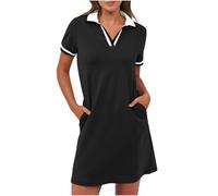 Vestido de polo para mujer, de verano, con solapa, hasta la rodilla, para el tiempo libre, manga corta, vestido de verano, monocolor, vestido corto con bolsillos, ligero y cómodo, vestido deportivo
