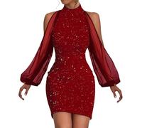 Vestido de primavera con cuello redondo y encaje de manga larga para mujer, cintura que abraza la cadera, otoño e invierno, rosso, S