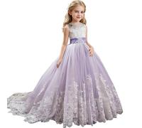 Vestido de princesa Discoball para niñas, vestido de flores con lazo para boda, graduación, dama de honor, fiesta para niñas de 6 a 15 años, vestido largo hasta el suelo, Morado (, 12-13 años