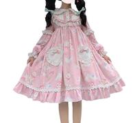 Vestido de princesa Lolita dulce para niñas adolescentes con estampado de conejito de anime, manga larga, disfraz gótico kawaii para cosplay, vestidos de fiesta (M, rosa), Rosado, Medium
