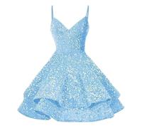 Vestido de princesa para mujer, elegante, vestido de lentejuelas, vestido de espagueti, tirantes finos, vestido de fiesta, mini vestido de baile, vestido de noche, azul celeste, M