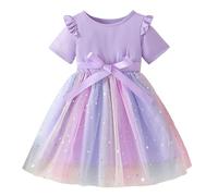 Vestido de princesa para niña con lazo y degradado de malla, falda de verano, manga corta, vestido de fiesta, cadena de acero inoxidable, Color lila claro., 3-4 años