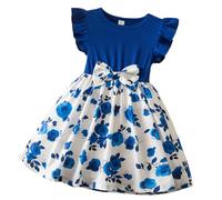 Vestido de princesa para niña con mangas volantes, estampado de flores de lazo de mariposa Ceremonia 3 7Y traje de fiesta Vestido de baile, azul, 4-5 Años
