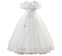 Vestido de princesa para niña, elegante vestido de niña para bodas y fiestas informales con diseño de hombros descubiertos y falda tutú para niños de 7 a 12 años. Vestido negro para 128 niñas, Blanco