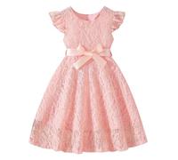 Vestido de princesa para niña, manga corta, malla de encaje, sin mangas, cuello redondo, vestidos de fiesta de verano, vestidos de boda, liquidación, rosa, 5-6 años