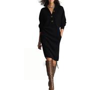 Vestido de punto acanalado con cuello en V y botones para mujer, manga larga, cuello polo, vestido de punto acanalado con bolsillos, Negro, XXL